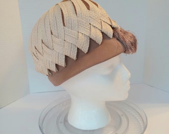 An Original Mr. Stanley Ladies Pill Box / Tassel Hat in Taupe Felt and Silk Tassel with Ivory Woven Design All Around New York 1950s