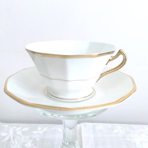 White Gold Schlaggenwald Fine China Tea Cup and Saucer Set Czechoslovakia, 12 Siided, Elegant Full Gold Handle