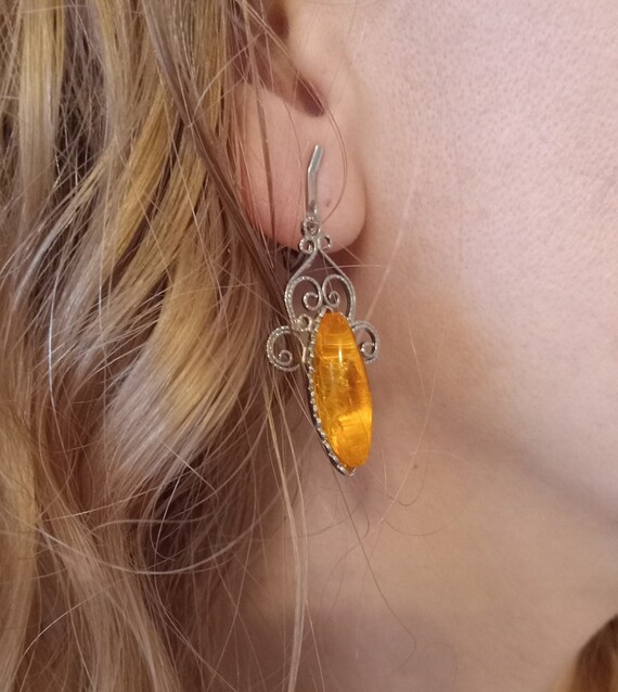 Amber Tone Marquis Dangle Lever Back Earrings Orn… - image 2