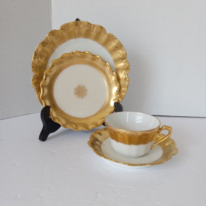 Antique Limoges France, Lewis Straus & Sons Heavy Gold Embossed Tea Set, Lunch Set Circa 1890 1920s Gilded Era 4 pc Lunch Set Scalloped image 6