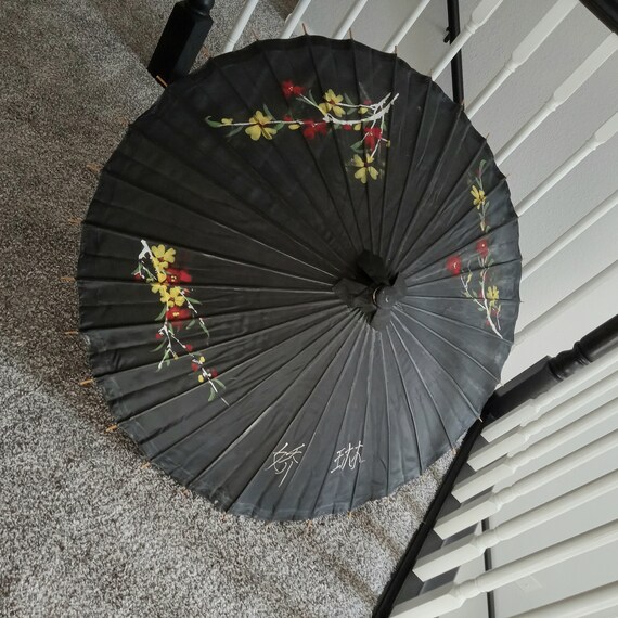 Vintage Hand Painted Asian Parasol Umbrella Bambo… - image 5