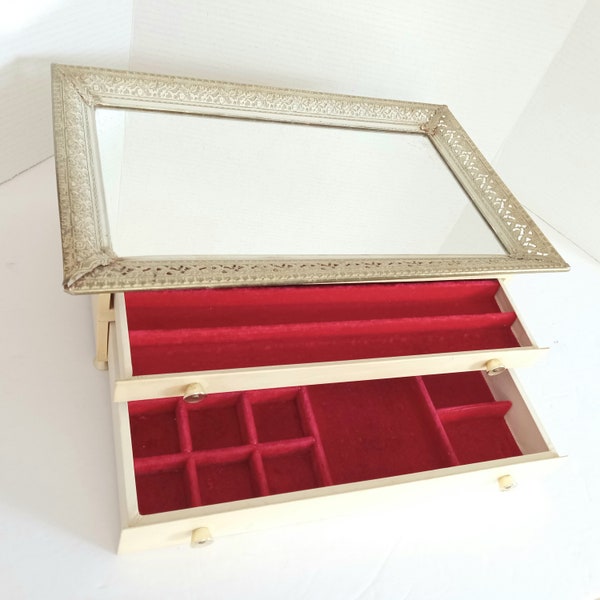 RARE Vtg Mid Century Mirrored Vanity Tray Leatherette Jewelry Modern Brass Footed 2 Drawer Jewelry Box Red Velveteen Lining