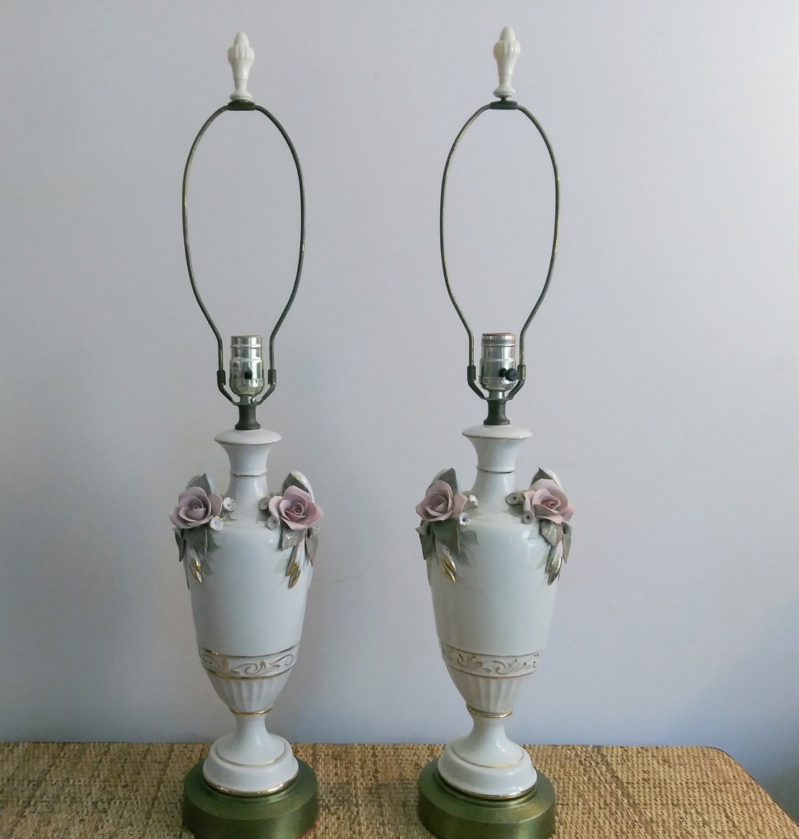 Pink Applied Porcelain Roses Table Lamps Set from Mid Century Etsy