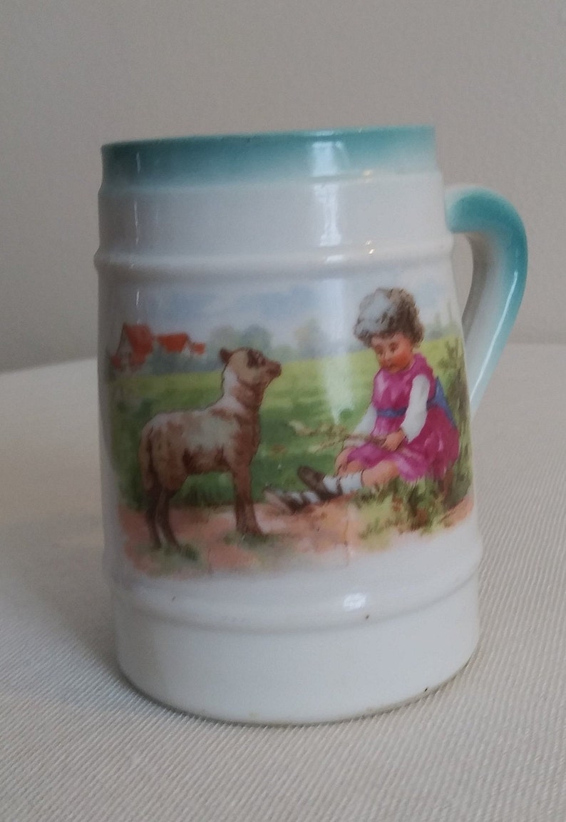 Antique Children/'s Mug Tea Cup Adorable Antique Child/'s Cup Little Girl with Lamb and Turquoise Accents 3 12 Tall