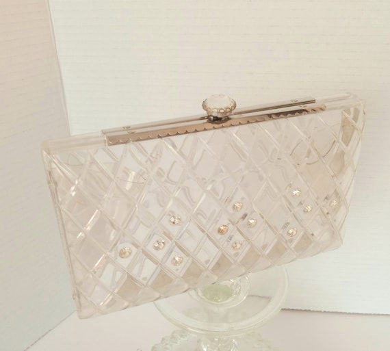 Vintage 1950’s Clear Lucite Clutch Purse Pave Dia… - image 3