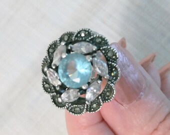 Vintage Light Blue Topaz Sterling Silver Ring: Marcasite Rhinestone, Size 6 3/4
