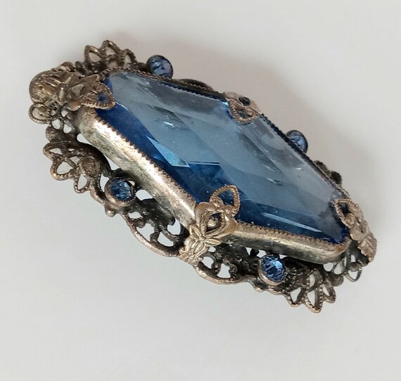Antique Blue Glass Beaded Brooch, Vintage Blue Gl… - image 4