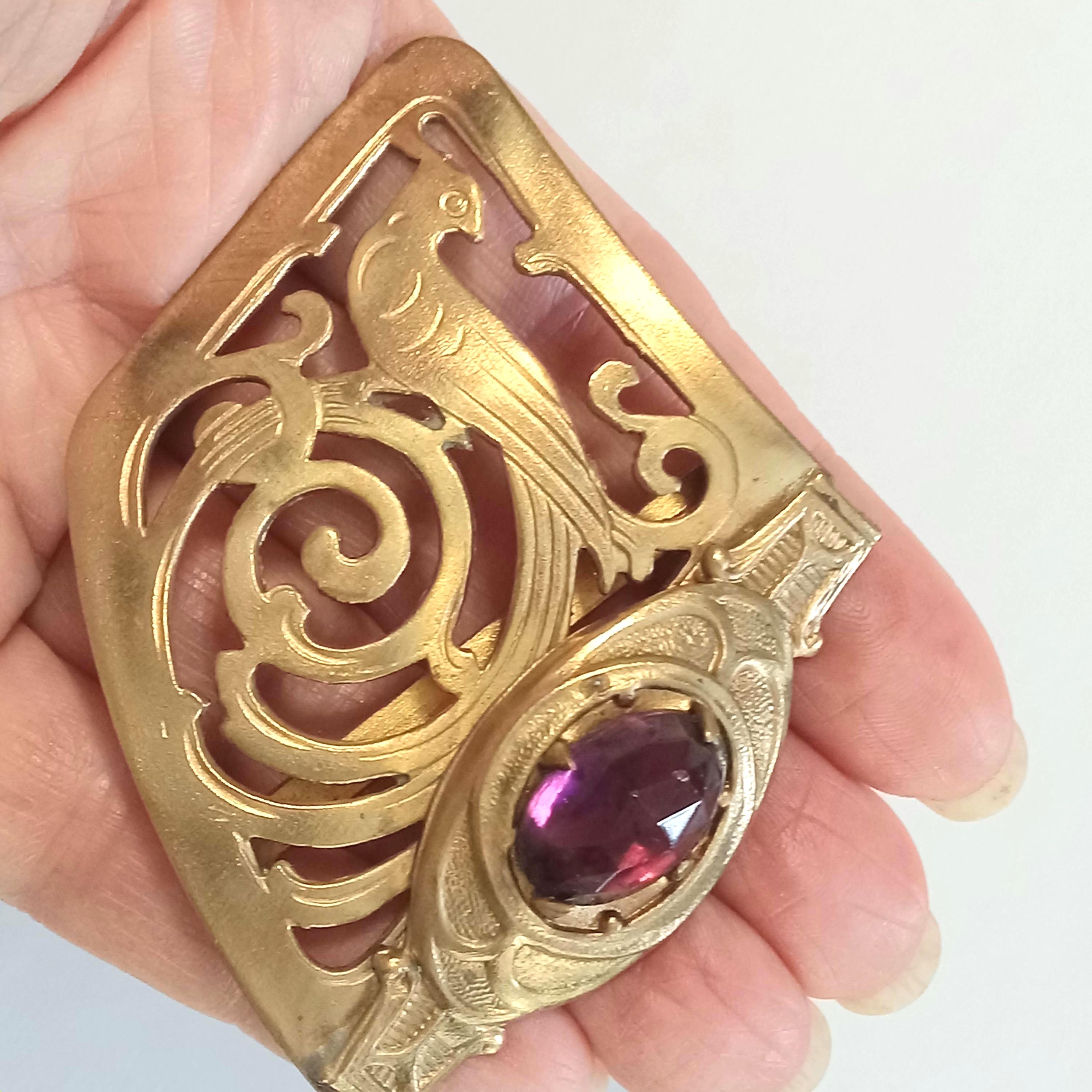 Art Nouveau Style Belt Buckle Foiled Glass Cabochon Gothic Cottagecore Art Nouveau Belt Buckle Gilded Brass With Amethyst Glass  main image 4