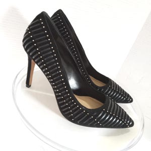Vince Camuto Black Suede High Heel Stiletto Pumps - Size 8 - Black Designer Shoes with Silver Nail Head Trim