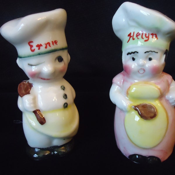 Vintage Couple of Chefs Salt and Pepper Shakers 1950s Era Mr. and Mrs. Chefs Ernie and Helyn, Salt and Pepper Shakers Made in Japan