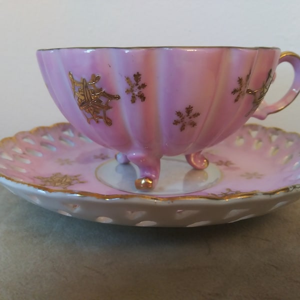 Pretty Pink Lefton Tea Cup Set Footed and Scalloped with Luster Interior, Reticulated Gold Gilded Saucer Japan