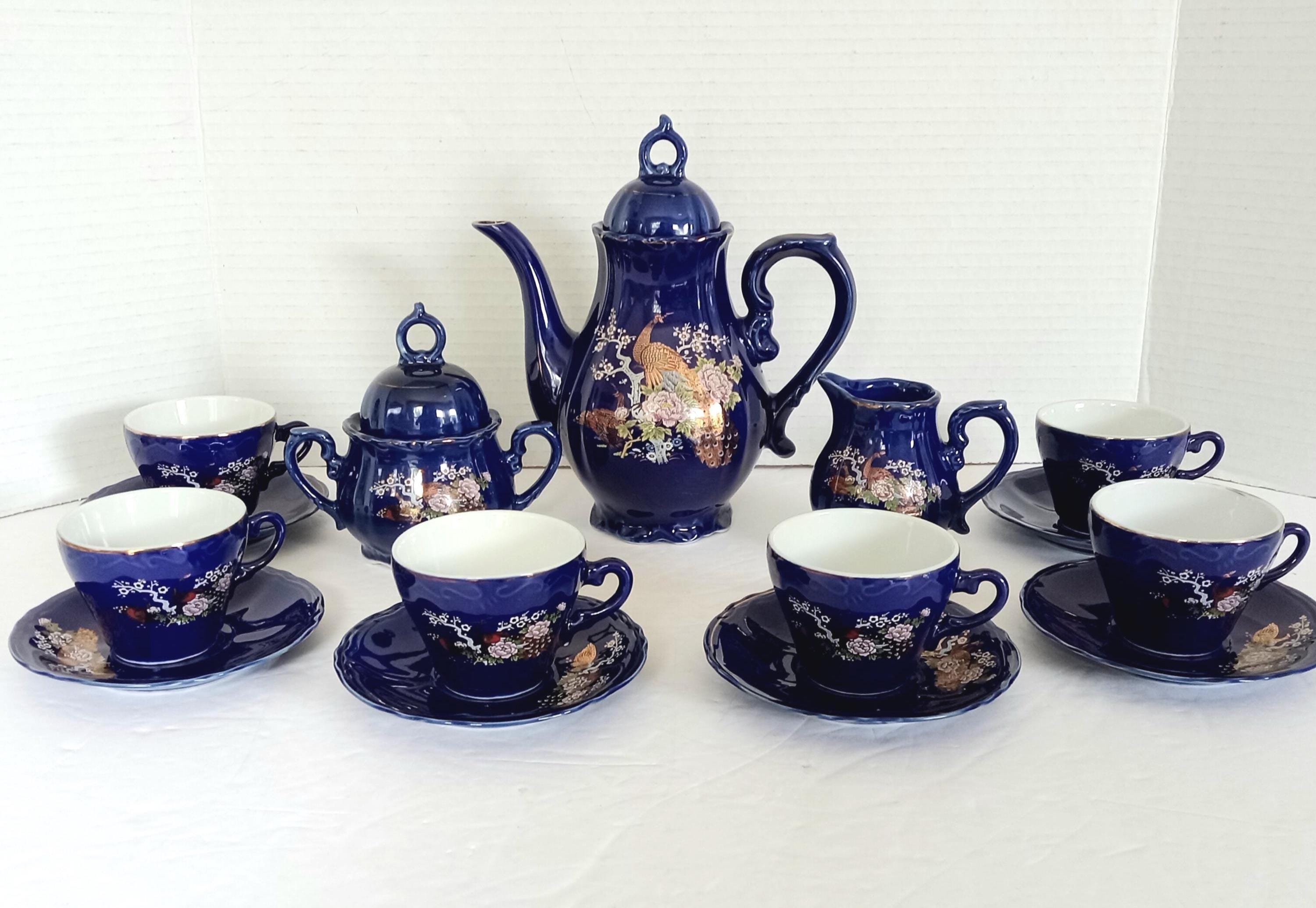 Cobalt Blue Music Box Tea Set 15 PC Coffee Set Peacock
