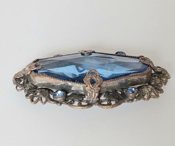 Antique Blue Glass Beaded Brooch, Vintage Blue Gl… - image 3