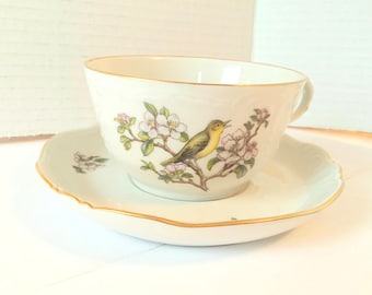 RARE Royal Copenhagen Bird and Pink Dogwood Embossed Teacup and Saucer Set Denmark Heirloom Danish Fine China Tea Cup Set