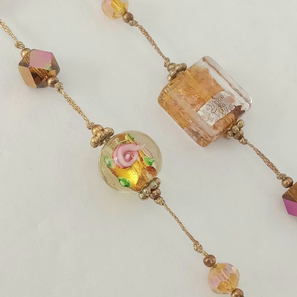 Lucite Geometric Beaded Art Deco Necklace with Aurora Borealis Beads strung on Intricate Gold Tone Metal Work Chain 31"