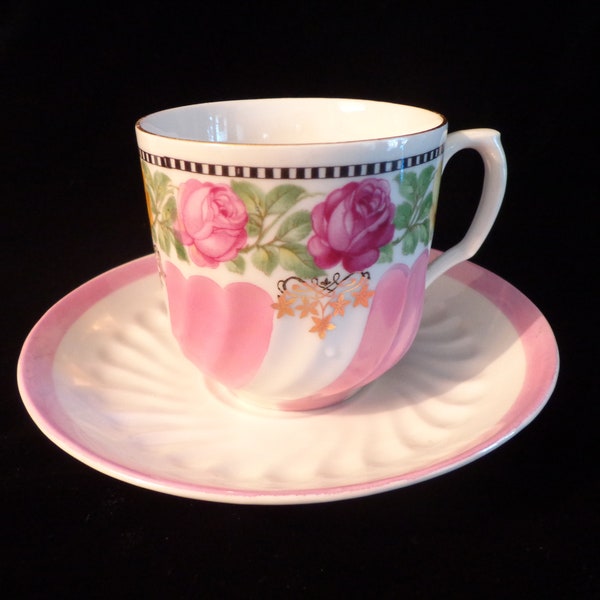 PK Unity Germany Luster Pink Swirled China Teacup and Saucer Set Black Embellishment Edges, Pink Luster German Teacup Swirled Teacup