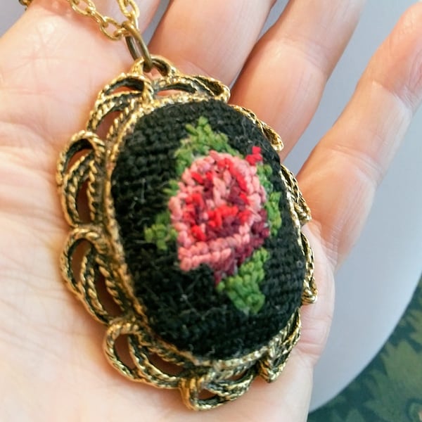 Vintage Large Needlepoint Pink Rose on Black Pendant with Mirror and 24" Gold Tone Metal Chain