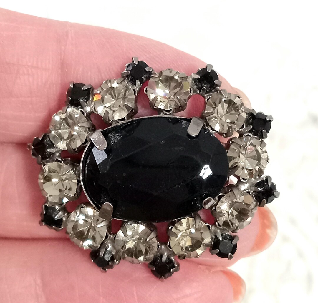 Mid-century Black Jet Rhinestone Brooch: Silver Tone Oval Pin - Etsy