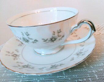 Noritake Empress China Silver White Fine China Tea Cup and Saucer Essex Silver Roses Scalloped Silver Gilded