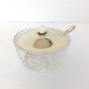 Pressed Glass and Silver Plate Lid Condiment Dish with Silver Spoon