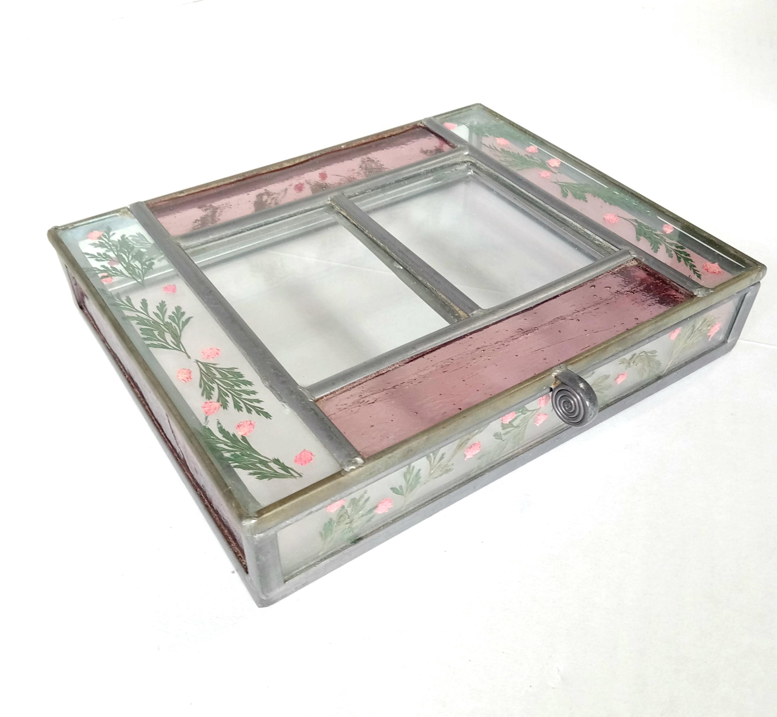 Handcrafted Pressed Flowers Pink Etched Stained Glass Jewelry Box with 2 Picture Frame Insert Mid-Century Trinket-Stained Glass Keepsake Box