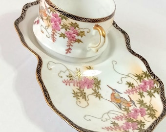 Antique Kutani Japanese Bird Teacup Snack Plate, Art Deco Teacup Set Delicate hand painted Bird and Pink Flowers with Elegant Gold Designs