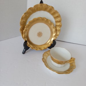 Antique Limoges France, Lewis Straus & Sons Heavy Gold Embossed Tea Set, Lunch Set Circa 1890 1920s Gilded Era 4 pc Lunch Set Scalloped image 7