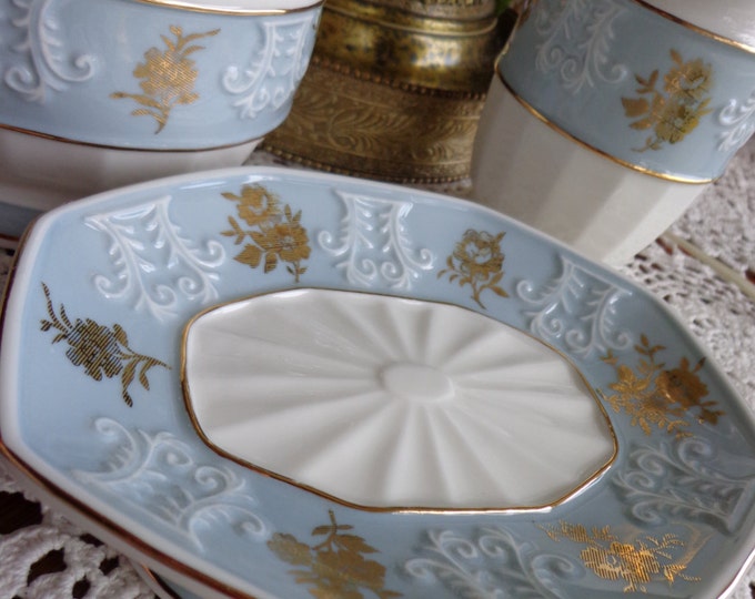 Stunning Chintz/blue Gold Trim Bath Set Accessories Covered Etsy