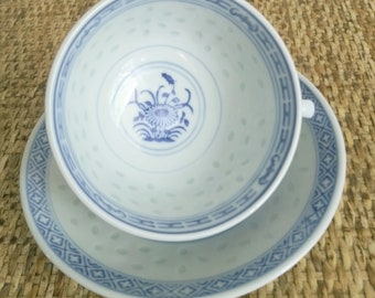 Vintage Tienshan China &quot;Rice Flower&quot; Blue White Teacup and Saucer with Translucent Rice Grain design Asian Blue White Style