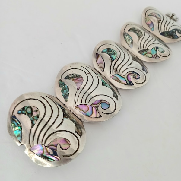 925 Silver Bold 5 Links Bracelet Hecho En Mexico 7" with Abalone Bold Statement Jewelry Large Silver Link bracelet 59.63 Grams