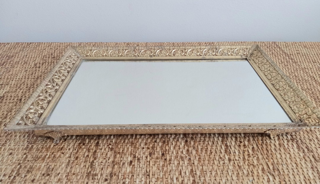 Vintage Mid Century Footed Brass Vanity Tray Mirror Tray Foral Open