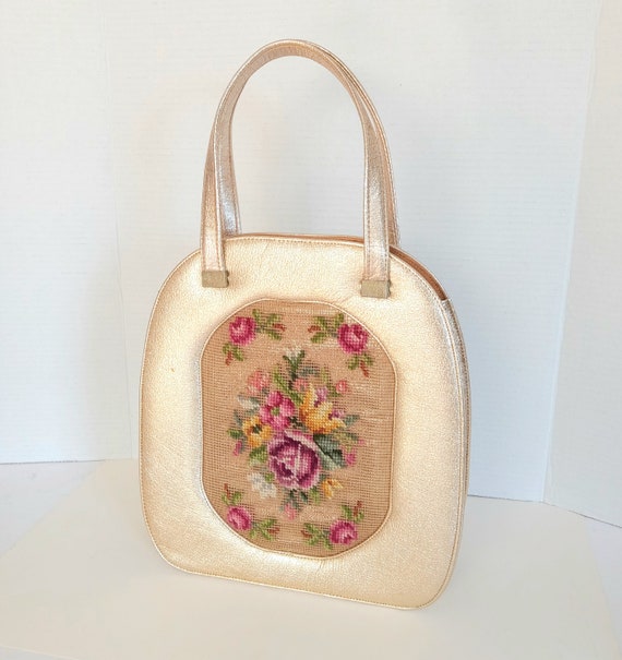 Vintage 1950s Gold Lame Handbag: Floral Needlepoint Purse