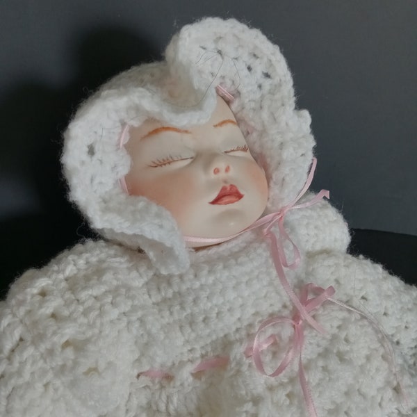 Vintage Hand Made Hand Painted Bisque Infant Christening Baby Doll in Hand Knit White Christening Dress and Bonnet Artist Signed Wolf 14"