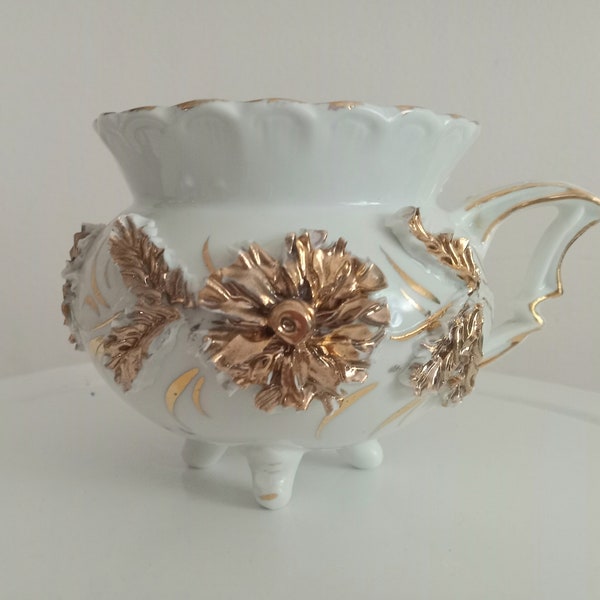 Antique Victorian Gold Tea Cup Footed with Relief Floral Design and Ornate Handle, Scalloped Cup Opening Gold Gilding