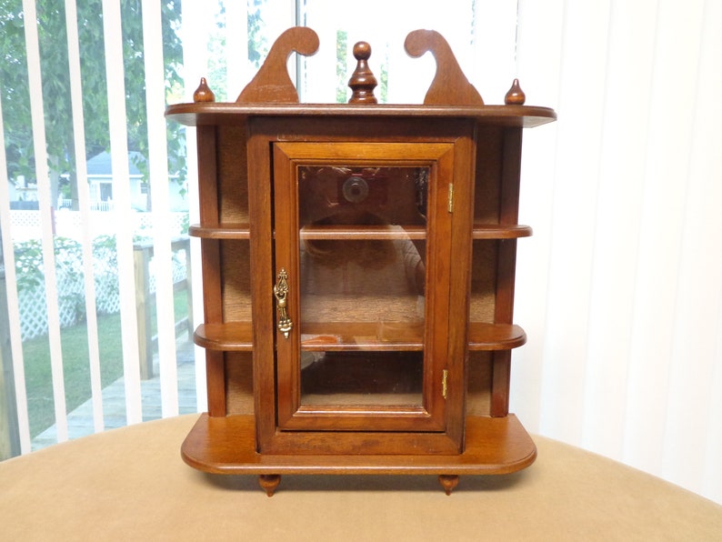 Vintage Glass Door Wall Curio Cabinet Cupboard Dark Stained Wood Shelf Antique Handle Decor
