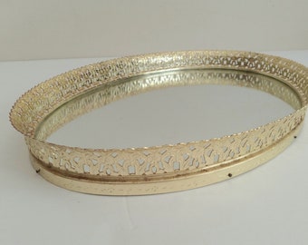 Vintage Oval Brass Edge Mirror Vanity Tray Floral Lace Brass Design Perfume Jewelry Dresser Tray 1960s