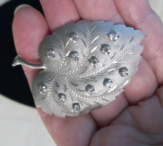 Theda Sterling Silver Leaf Rhinestones Brooch Pin