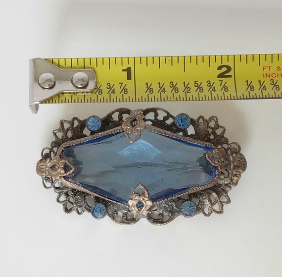 Antique Blue Glass Beaded Brooch, Vintage Blue Gl… - image 2