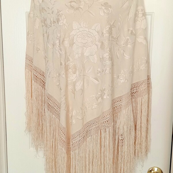 Antique Silk Manilla Shawl for Flamenco. Embossed Embroidered Piano Scarf It features Double-sided Hand Embroidery and Long Fringes.