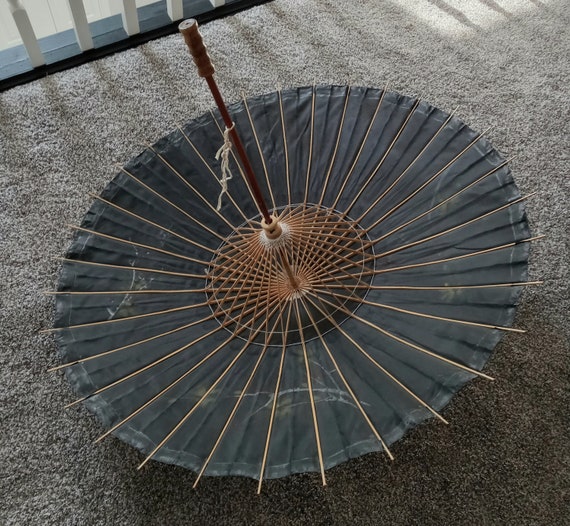 Vintage Hand Painted Asian Parasol Umbrella Bambo… - image 8