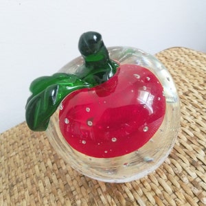 Art Glass Apple Paperweight, Clear Red and Green Art Glass with Bubbles design, Teachers Gift