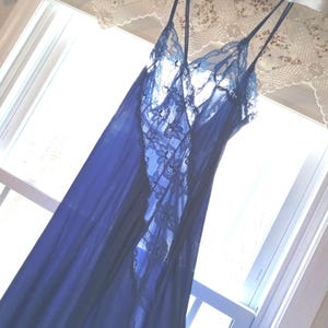 Vintage Val Mode Royal Blue Lace Negligee Slit Front Sz S Full Length Negligee Nightgown 100% Nylon
