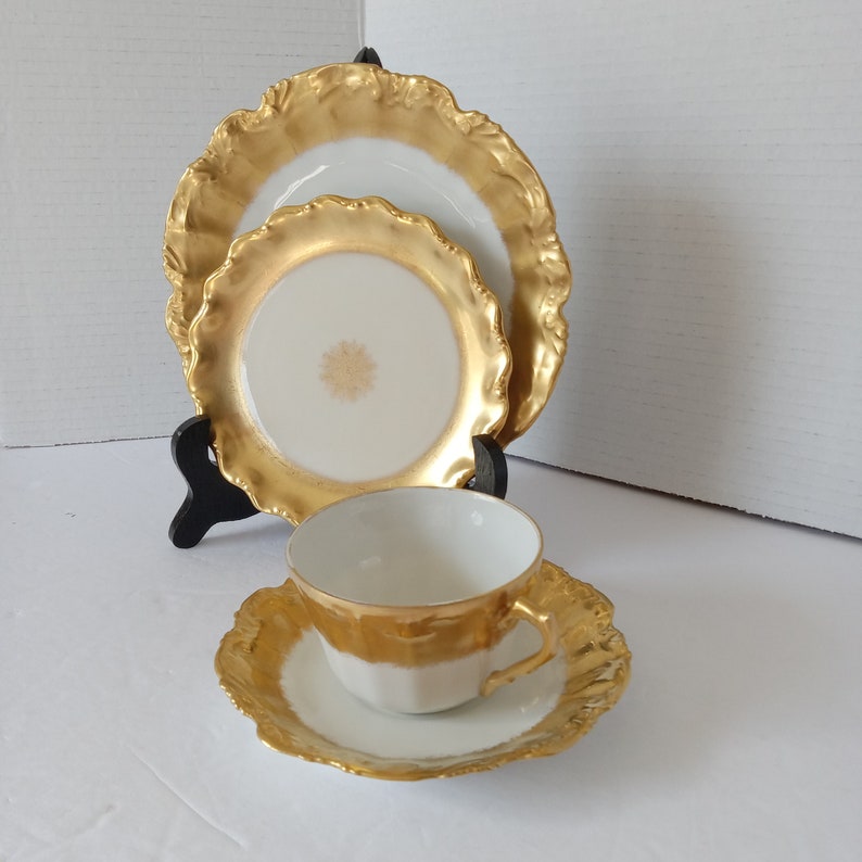 Antique Limoges France, Lewis Straus & Sons Heavy Gold Embossed Tea Set, Lunch Set Circa 1890 1920s Gilded Era 4 pc Lunch Set Scalloped image 10