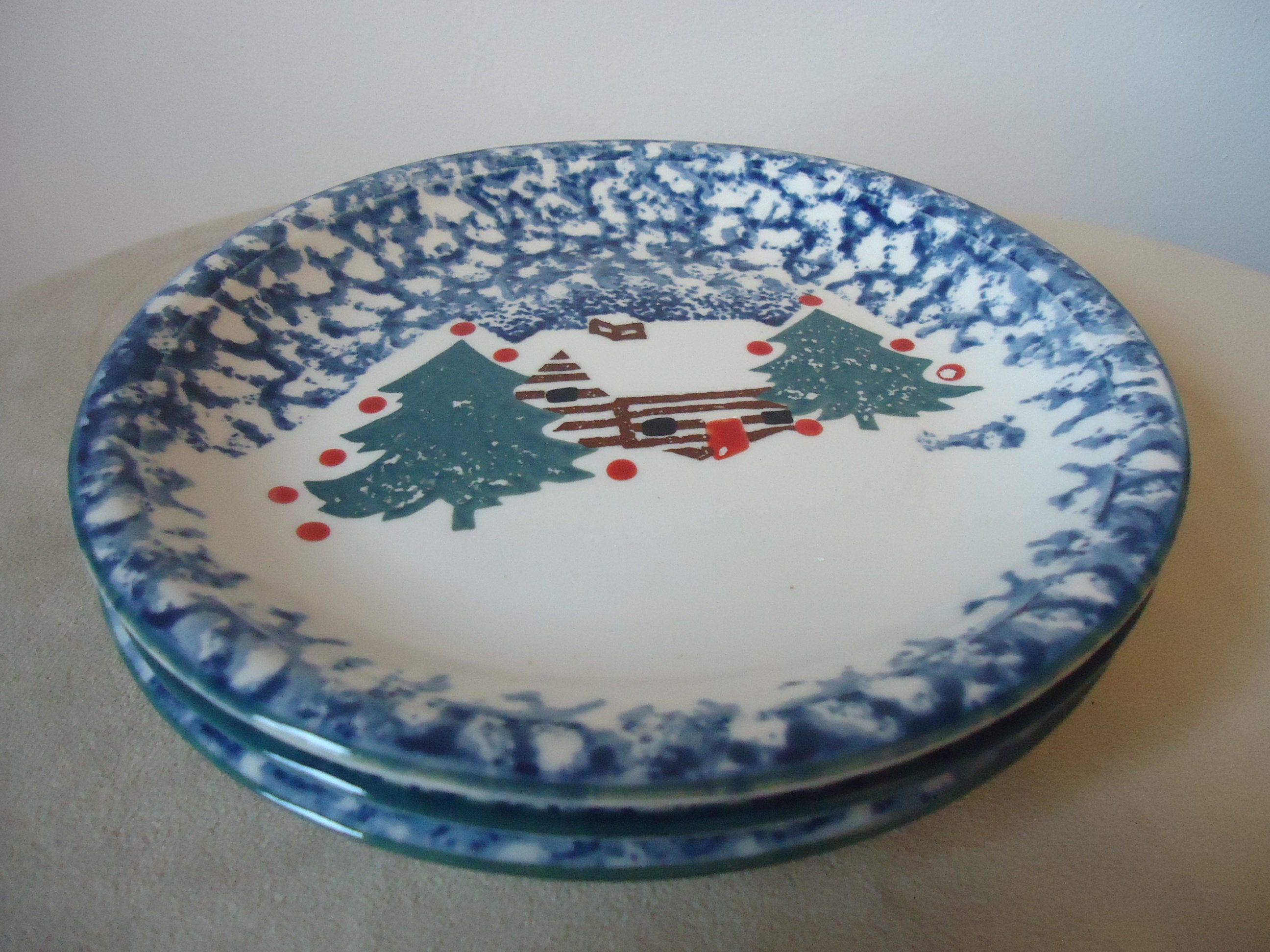 Folk Craft Cabin in the Snow 3 Lunch / Dessert Plates Blue Etsy UK