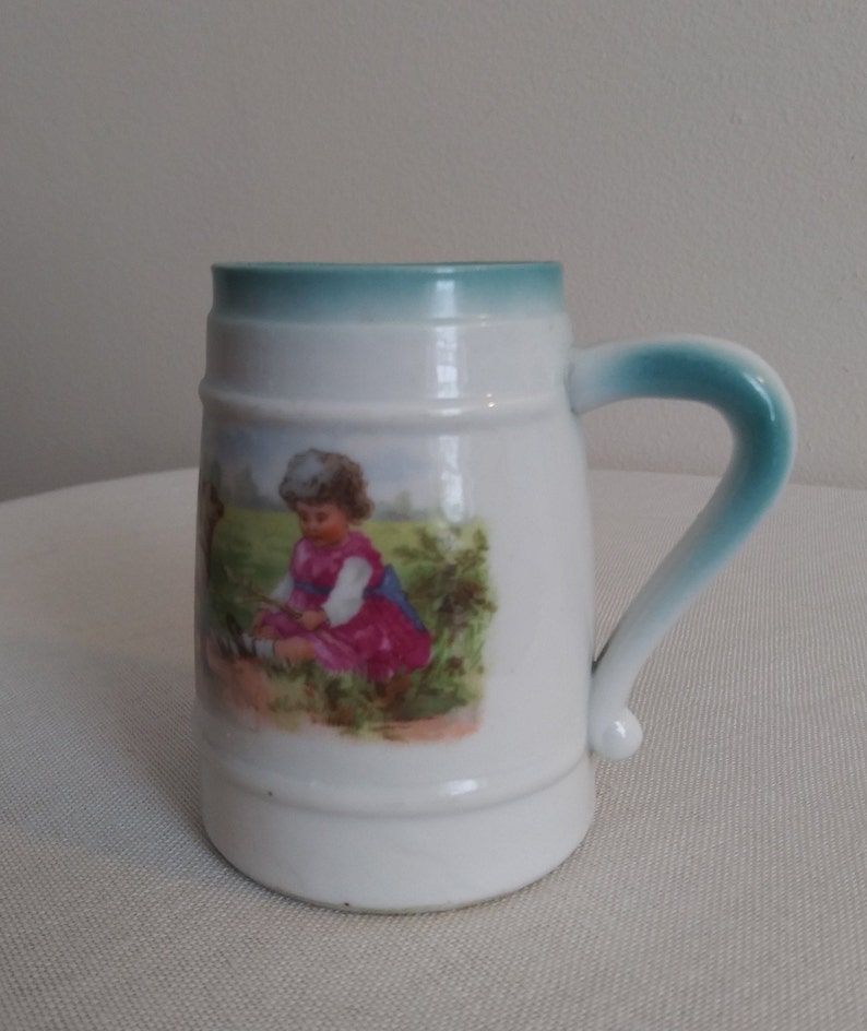 Antique Children/'s Mug Tea Cup Adorable Antique Child/'s Cup Little Girl with Lamb and Turquoise Accents 3 12 Tall