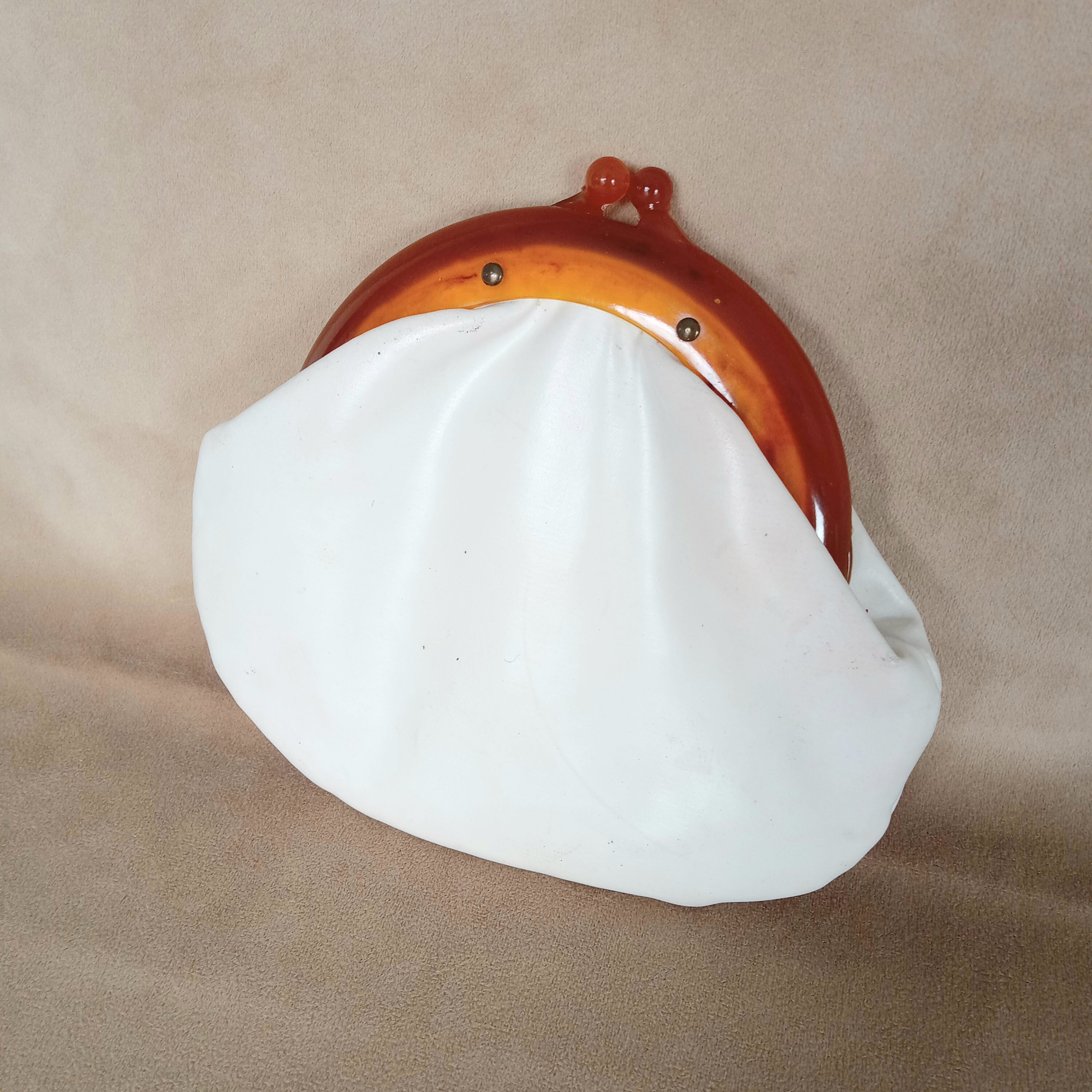 Mid Century Style White Clutch Butterscotch Lucite Kiss Clasp Clutch