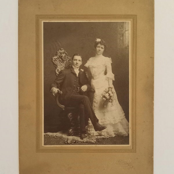 Antique  19th C. Wedding Portrait Photograph, E.G. Herrick, Bride and Groom, Bustle Style Dress 8 x 6" Overall