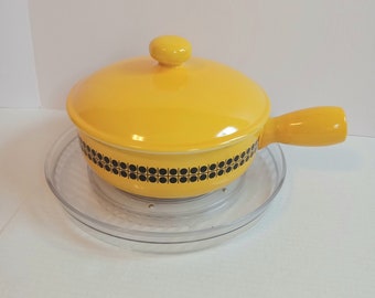 Vintage Oven Proof pot, Ceramic Lid and Enamel cover/plate, Bright Yellow, Black graphics, Mid-Century Modern, Made in Japan
