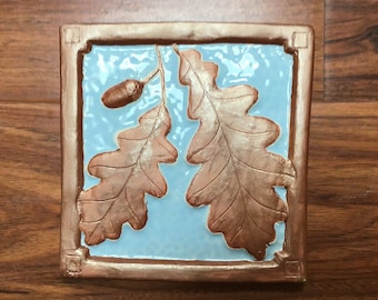 6 inch Oak Leaf & Acorn, Copper and light blue glaze
