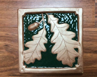 6 inch Oak Leaf & Acorn, Copper and green glaze. Craftsman